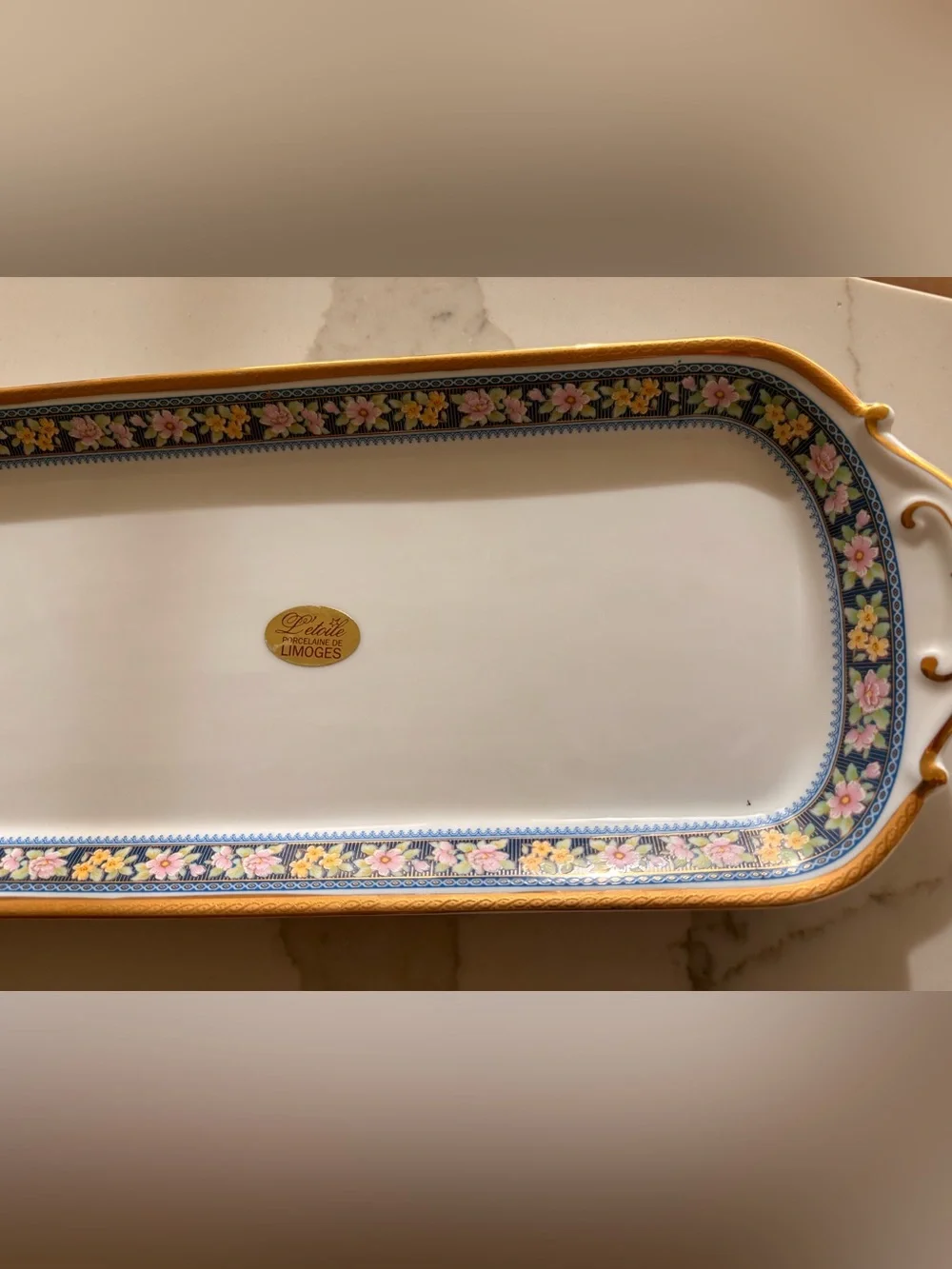 Limoges White Porcelain Vanity Tray with Pink and Yellow Floral Border